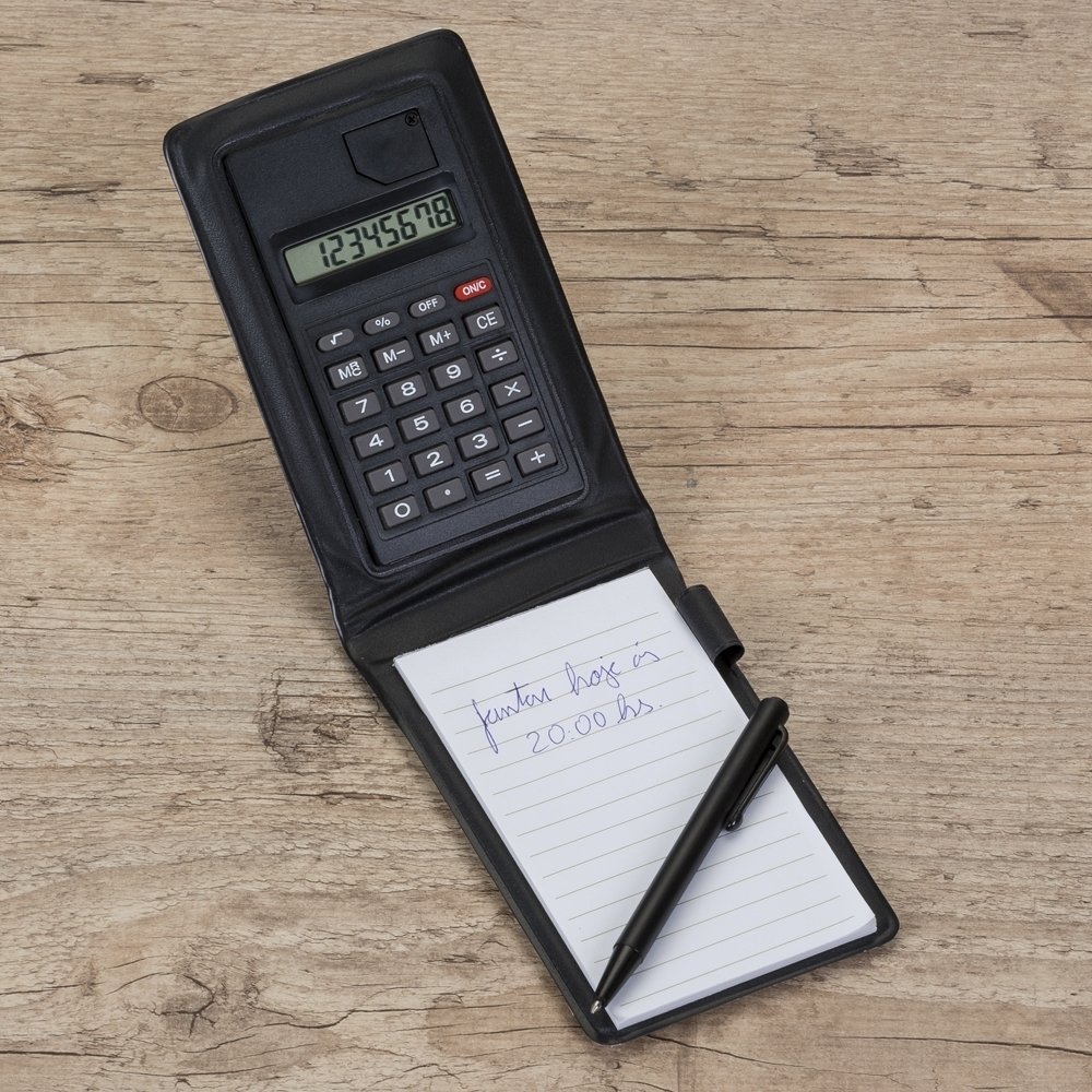 J- 12521 - bloco de anotações com caneta e calculadora